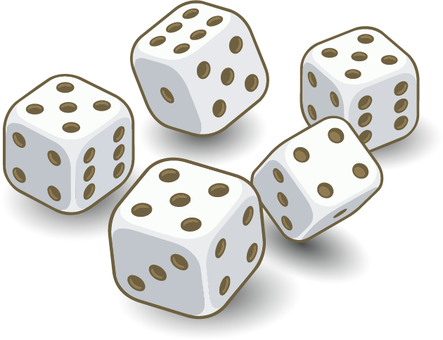 Five white dice with gold pips